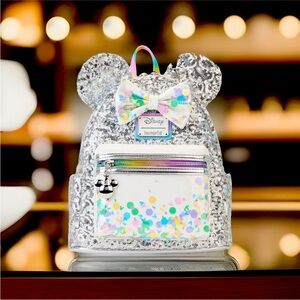 LOUNGEFLY Disney Mickey Friends Its My Birthday Celebration Sequin Backpack NEW